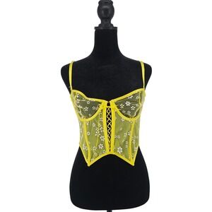 Savage X Fenty Yellow Daisy Mesh Corset Bustier Top Medium Lingerie NWT